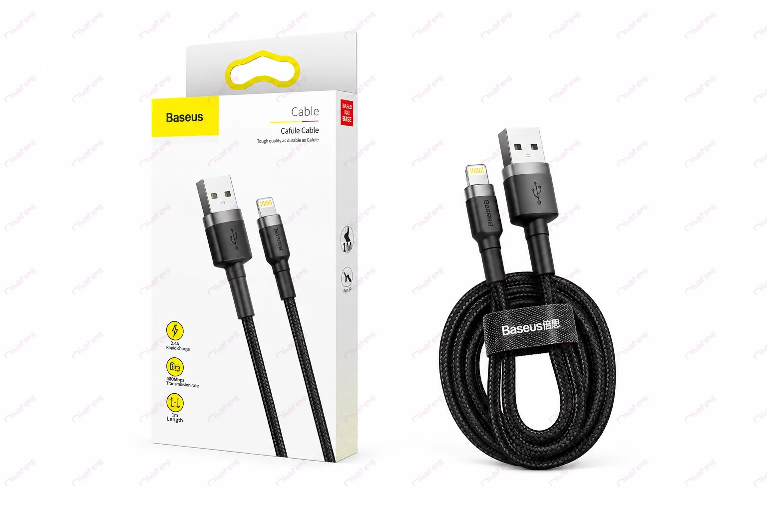 کابل لایتنینگ بیسوس Cafule مدل CALKLF-BG1 با روکش بافته‌شده مشکی و طول ۱ متر