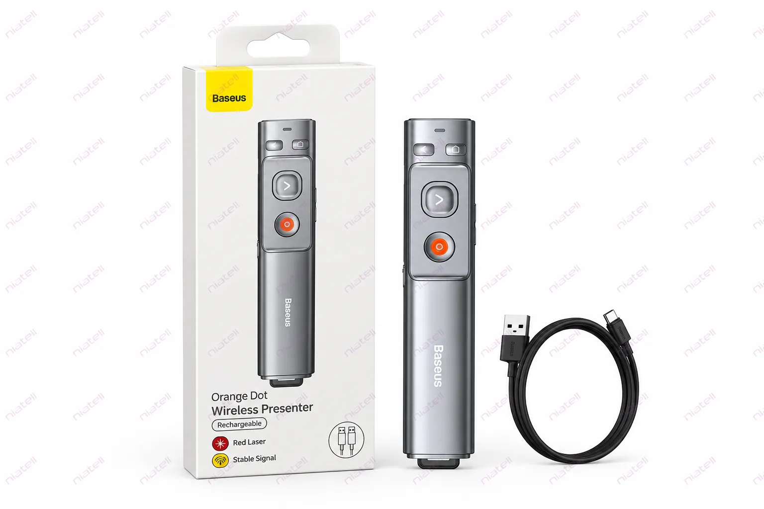 پرزنتر بی سیم شارژی بیسوس Orange Dot مدل WKCD000013 به همراه جعبه و کابل USB